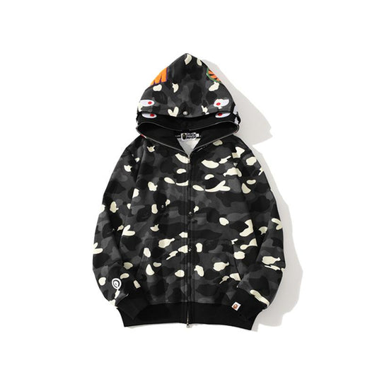 Bathing Ape Hoodie Shark Head Embroidery Luminous Spot Camouflage Double Hood Brushed Hoody Men and Women